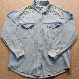 Vtg HG NY Denim Shirt Blouse Studded Pearl Shoulder Embellish Rhinestone‎ MEDIUM